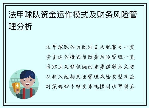 法甲球队资金运作模式及财务风险管理分析